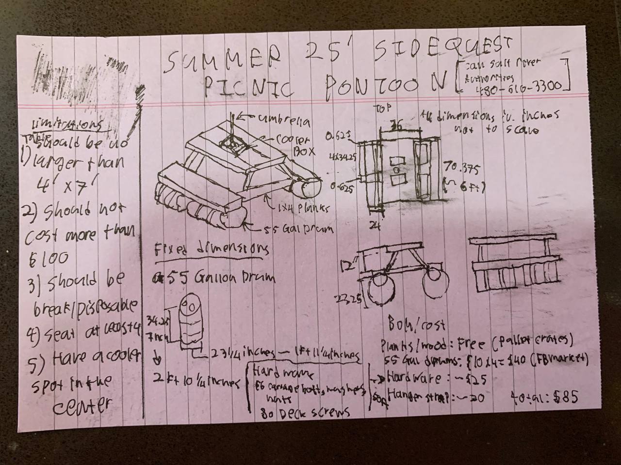 Concept sketch and requirements for the pontoon picnic table