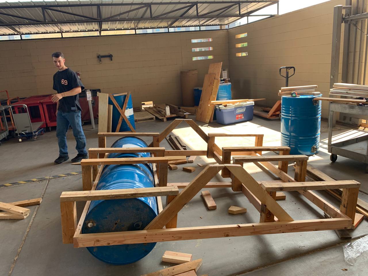 Mid-build construction view of frame and barrels