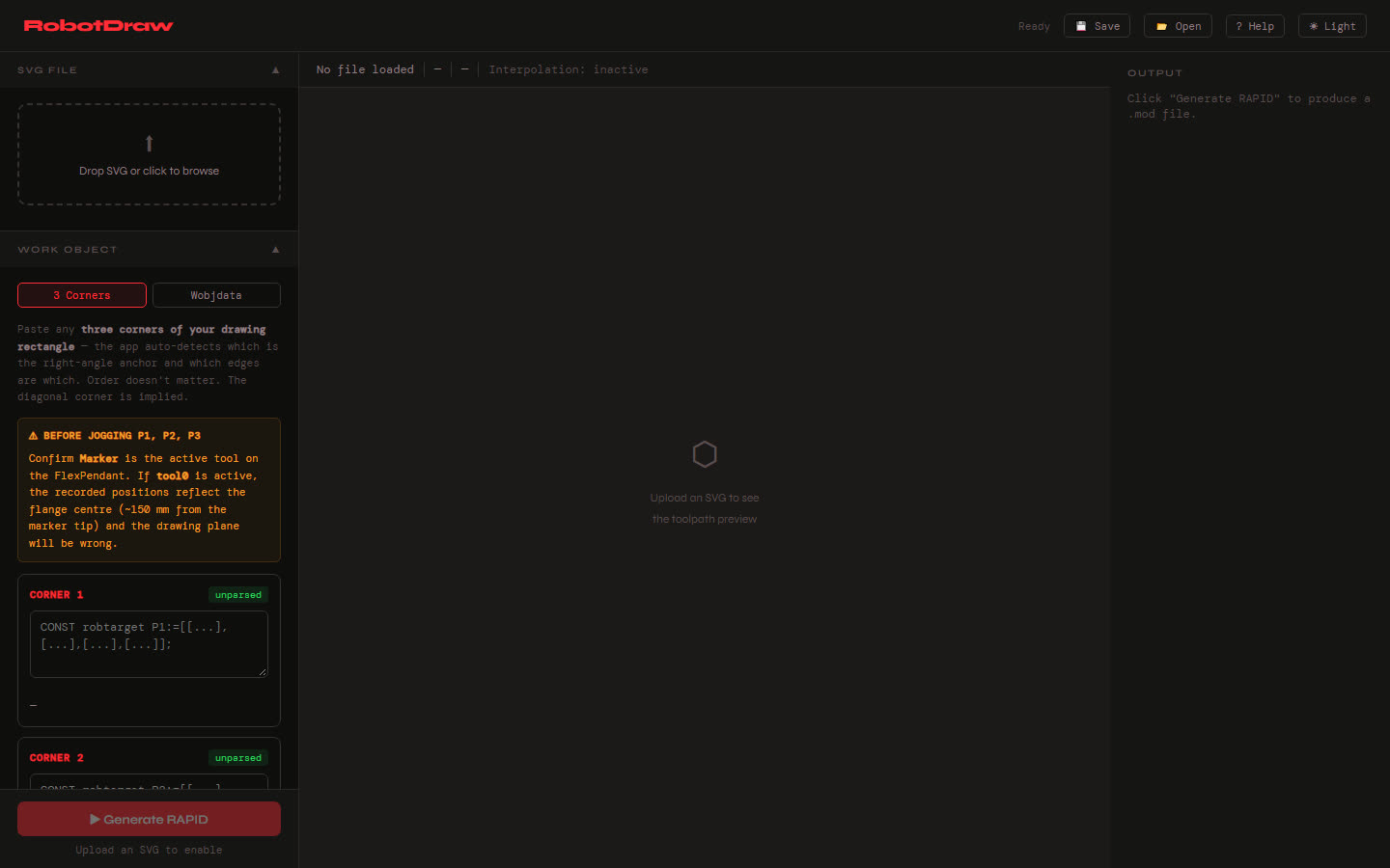RobotDraw local web interface: SVG drop zone, work object corners, toolpath preview, and RAPID output